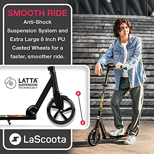 LaScoota Kick Scooter for Adults & Teens. Perfect for Youth 12 Years and Up and Men & Women. Lightweight Foldable Adult Scooter with Large Sturdy Wheels 220lbs - Teen Retro