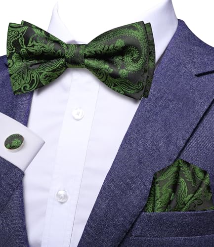 Image of Hi-Tie Bow Ties for Men Pre-Tied Pocket Square with Cufflinks Mens Bowtie Sets for Wedding Formal Party