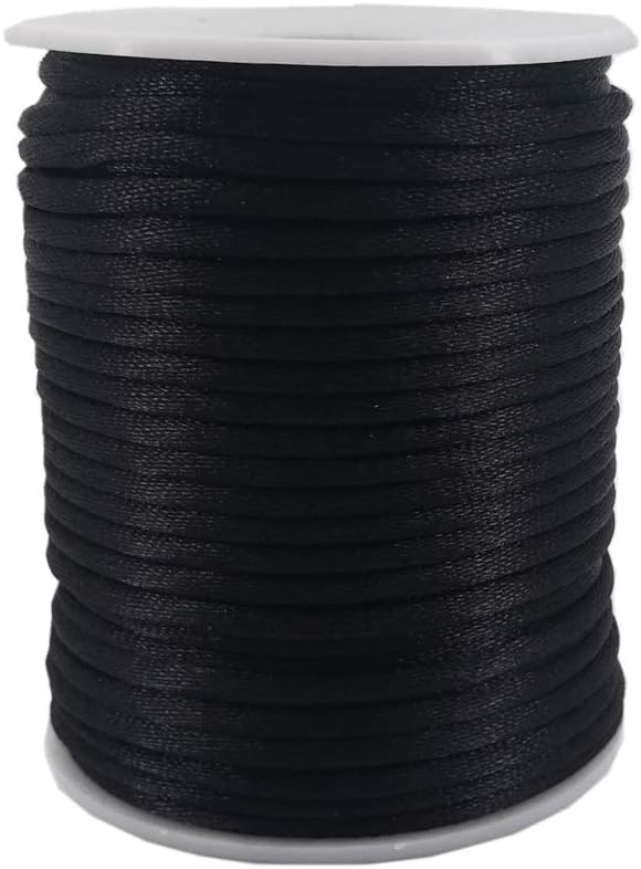 INSPIRELLE 3mm Black Satin Cord Rattail Silk Cord Chinese Knot Thread for Jewelry Making, 50 Yards Spool