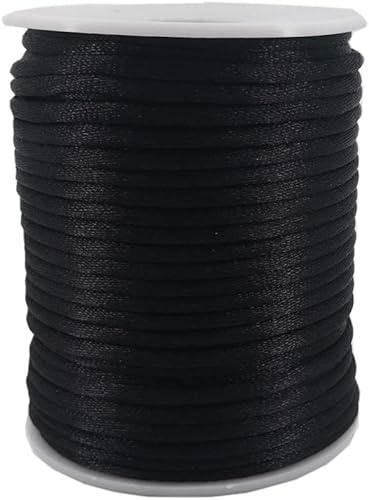 INSPIRELLE Cordón de satén de 3mm negro, cordón de seda Rattail, hilo de nudo chino para hacer joyas, carrete de 50 yardas