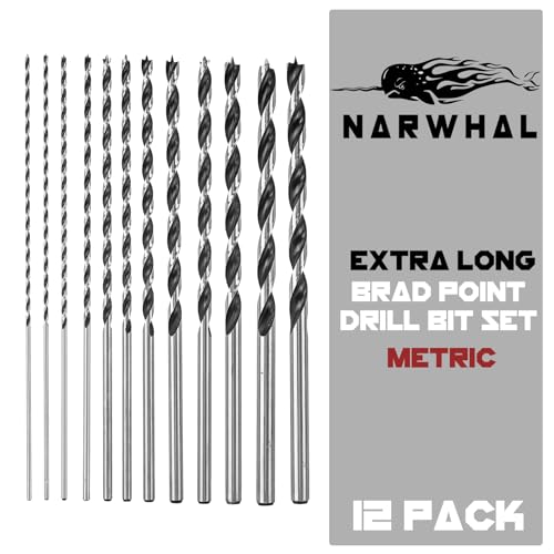 Extra Long Metric Brad Point Drill Bit Set for Wood (12 Pack) 12 Inch Length in 3mm, 4mm, 5mm, 6mm, 7mm, 8mm, 9mm, 10mm, and 12mm for Precision Splinter Free Drilling - Includes Storage Sleeve