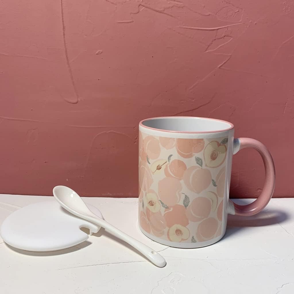 LyZap Tazas de café y té, Taza de cerámica pequeña Taza Impresa de melocotón Fresco japonés Simple con Tapa Taza de té Taza de Agua for Estudiantes Taza de café de Oficina Taza de café