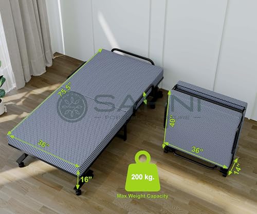 Image of SAHNI PORTABLE FURNITURE Rollaway Folding Single Bed with 4-inch Mattress Attached, Metal Frame, Lockable Wheels, 75x36 inch, Black
