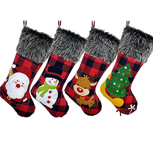 DELUX Christmas Stockings 4Pack 18\'\' Large Xmas Stockings Hand-Knitted Burlap Plaid Style Santa Claus, Reindeer Snowflakes Christmas Tree Decoration and Family Holiday Season Decor (Red)