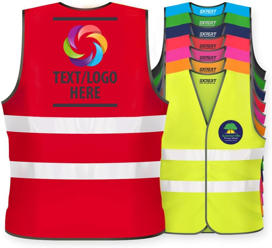 Expert Workwear Unisex Personalised Kids High Visibility Safety Vest Children Hi Vis Printed Waistcoat Reflective Jacket Lightweight EN1150 (Red, 4-6 Years)