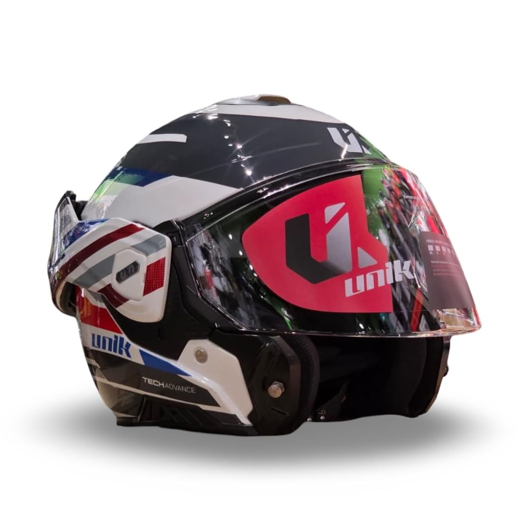 unik Casco Modular Abatible 180 Spectrum Moto Adultos Visera Solar Doble Policarbonato 2 Calotas Ventilación Frontal Trasera Cierre Micrométrico - Blanco Roj Azul , Talla M