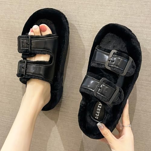 Harssidanzar Fuzzy Slides For Women Fluff Faux Fur Cross Slippers Open Toe Double buckle adjustable House Slipper Sandals KL512US2