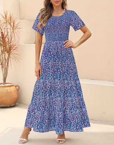 Image of Kranda Women 2025 Summer Fall Crewneck Short Sleeve Smocked Floral Maxi Dress