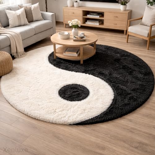 Image of Ultra Soft Plush Shaggy Polyester Round Area Rug for Kids Playroom Nursery Bedroom and Safe Indoor Play Spaces - (Yin Yang, Round, 5x5 feet)