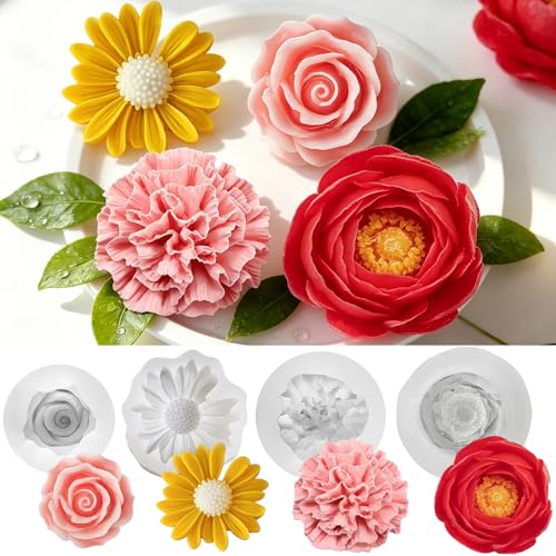 4 Stück Pfingstrose Blume Kerzenform Silikon Silikonform Blumen Blumen Kerzenform Silikon Rosen Nelke Chrysantheme Pfingstrose 3D Silikonformen für DIY Handgefertigten Dekoration