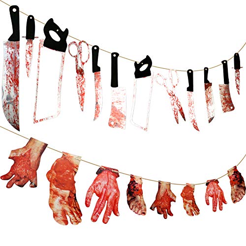 20 Pieces Scary Halloween Decorations 12 Pieces Bloody Weapon Garland Props, 8 Pieces Bloody Hands and Feet Hanging Banner for Vampire Zombie Theme Party, Bar Decorations