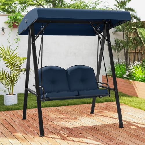 Image of Tangkula 2 Person Porch Swing, Patio Swing with Adjustable Canopy, Heavy-Duty Metal Frame & Soft Cushion, Outdoor Swing for Backyard, Garden (Navy)