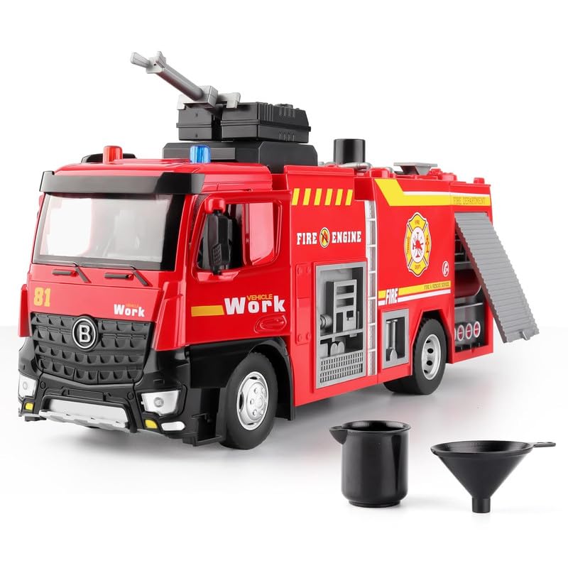 Image of ANTALYA New Play Fire Truck Toy with Metal Cab Fire Rescue Vehicle with Shooting Water Lights and Sounds Toy Truck for Kids (Red)