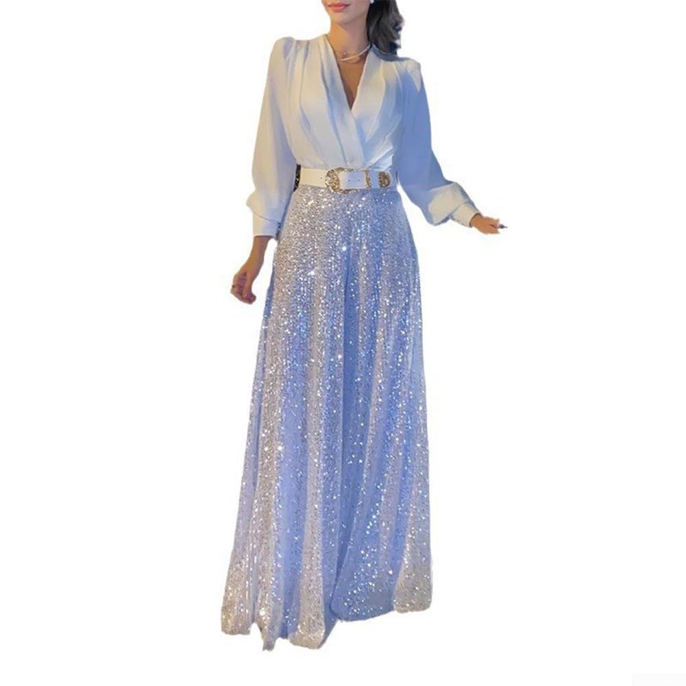 ZYWUOY Combinaison à paillettes pour femme avec col en V ample pour soirée élégante