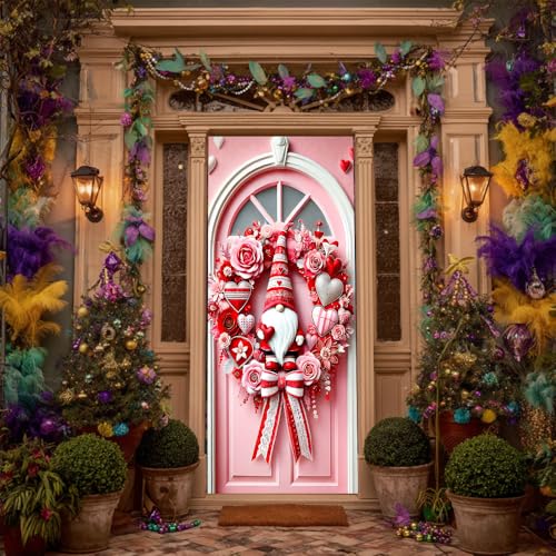 Image of Pink Rose Heart Gnome Door Cover Red Ring Banner 35x71in