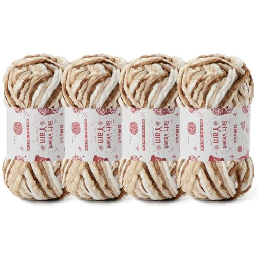 Image of 4x100g Fluffy Velvet Chenille Yarn for Crocheting and Knitting, 4x80m (87.5yd) Baby Yarn for Crocheting Soft, Crochet Chunky Yarns Amigurumi Yarns (4 White Coffee)