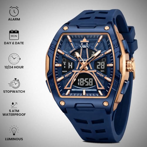 Image of V2A Impact 48mm Analog Digital Watch for Men | 3D Tower Dial Design | Alarm Stopwatch Day Date 12 /24 Hr | TPU Strap | 50M Water Resistant | Gift for Mens