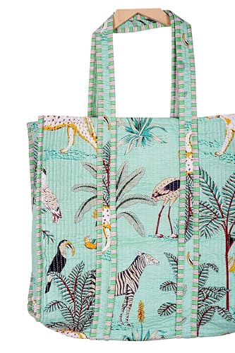 Image of Quilted Cotton Hand printed Reversible Large multicolor cotton Tote Bag,Indian Handmade Block Printed Tote Bag Women Handbag
