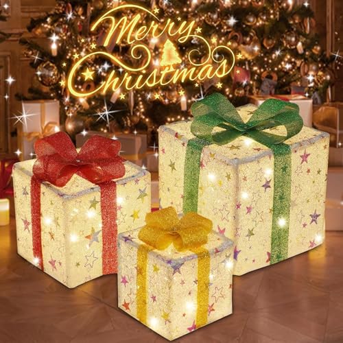 Aluusy Conjunto de 3 caixas de presente de Natal com luzes, 50 LED caixas de presente decorativo estrelas com controlo temporizador, 8 modos LED caixa decorativa interior para árvore de Natal IP44