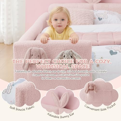 Image of Twin Size Bed Frame for Kids, 83 inch Upholstered Daybed Montessori Platform Floor Bed W /Safety Rails & Storage Pocket Cute Rabbit Ear Shaped Headboard for Girls Boys, Pink