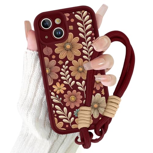 Kueqeay Funda con Cuerda para iPhone 13 6,1'' Carcasa Aesthetic Flores Rojo patrón con Universal Strap Colgante Cordon Correa Cuerdas Antigolpes Protección de Cámara niña Case Móvil, 03