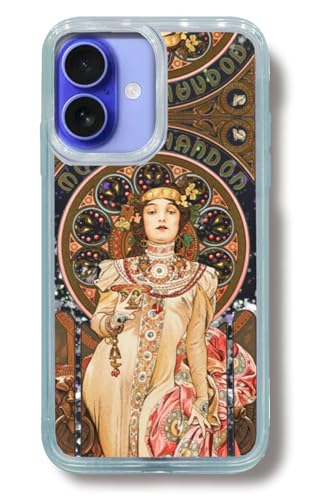【グリッター】 iPhone16互換 クリアスマホケース 【世界の名画】 ミュシャ ☆アール・ヌーヴォー☆ イラスト 花 女性 ラメ キラキラ 透明 絵画 芸術 アート 名画 art (モエ・エ・シャンドンA)