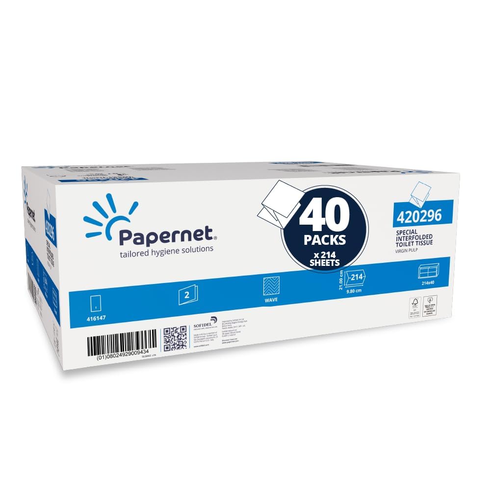 Papernet - 2-Ply Interfolded Toilet Paper, 8560 Sheets in Pure Cellulose, 214 Services per Clip, Open Dimensionis 21x9.8cm, Wave Embossing, White