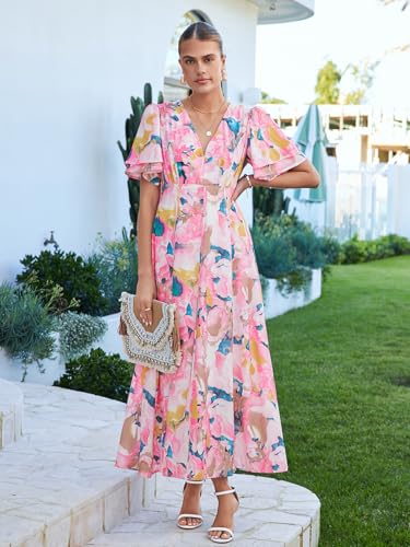 Image of Flessibili Womens V Neck Flutter Sleeve Boho Midi Dress Summer Wedding Guest Beach Party Long Dresses Multi Pink Print Small