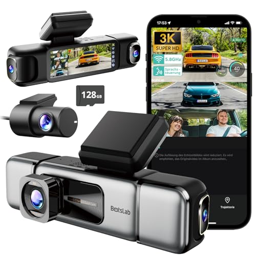 BOTSLAB 4 Kanal Dashcam Auto Vorne Hinten, 4 Channel 3K+3 * 1080P, Autokamera mit 128GB SD Karte, GPS 5GHz WiFi,3.18" IPS-Bildschirm,Super Nachtsicht,