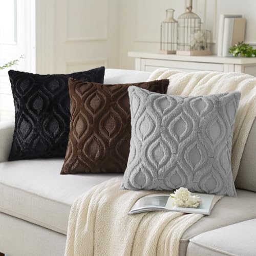 decorUhome Throw Pillow Covers 20x20 Inch Set of 2, Soft Plush Decorative Faux Fur Dark Brown Solid Couch Pillow Covers, Accent Farmhouse Neutral Square Euro Pillow Cases for Sofa Bed Living Room