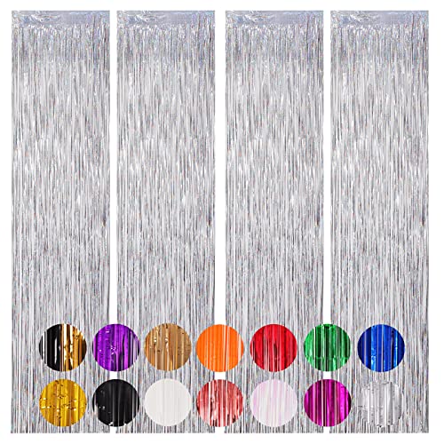 Image of Voircoloria 4 Pack Laser Silver Foil Fringe Backdrop Curtains, Tinsel Streamers Birthday Party Decorations, Fringe Backdrop for Graduation, Baby Shower, Gender Reveal, Disco Party