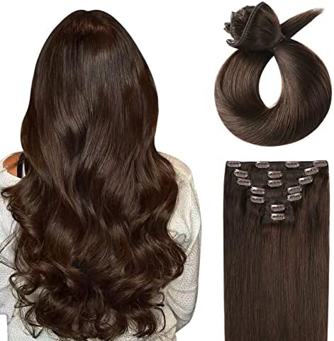 Clip in Hair Extensions Real Human Hair 15inch Remy Hair Extensions Clip ins 105g Dark Brown Double Weft Natural Straight Natural Human Hair Clip in Extensions for Women (15 inch,7pcs, 105g)