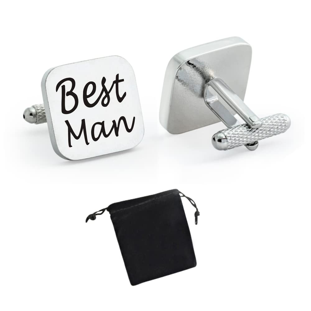 Virens Empourium - Men's Cufflinks, Square Silver Wedding Cuff links, Smart and Elegant Look, Best Man, Groom, Usher, Page Boy, Dad, Brother, and more Cufflink Titles (BEST MAN)