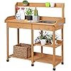 Yaheetech potting bench outdoor garden work bench station planting solid wood construction for horticulture wsink drawer rack shelves natural wood  urban country home decor