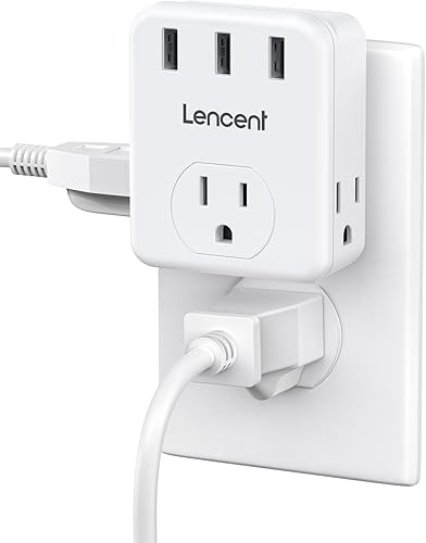 LENCENT - Extensor de enchufe múltiple, divisor de 3 tomas con 3 USB, cargador de pared, grifo de pared ampliamente espaciado de 3 lados, expansor