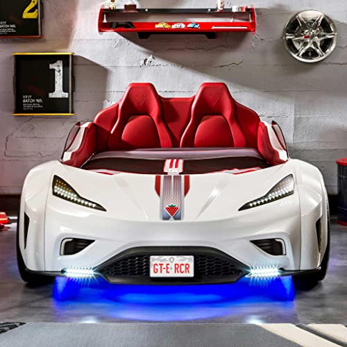 Cilek Gts Ev Twin Race Car Bed, Remote Control, Led Lights, Ev Sound Fx, Vegan Leather Interior, License Plate, White #TOP3