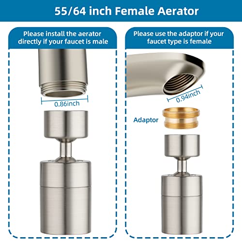 2-Flow Bathroom Faucet Aerator With 3 Connectors, 360-Degree Swivel Female Thread Faucet Aerator With Male Adapter, Water Saving Kitchen Sink Aerator, Brushed Nickel Faucet Extender Attachment #TOP4