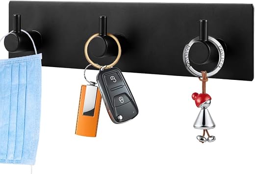 Picowe Key Holder for Wall Decorative, Adhesive Stainless Steel Key Hooks, Key Hanger Key Organizer for Wall, Towel Hook Coat Hanger for Entryway Hallway KitchenThree Rows,Black 1PCS