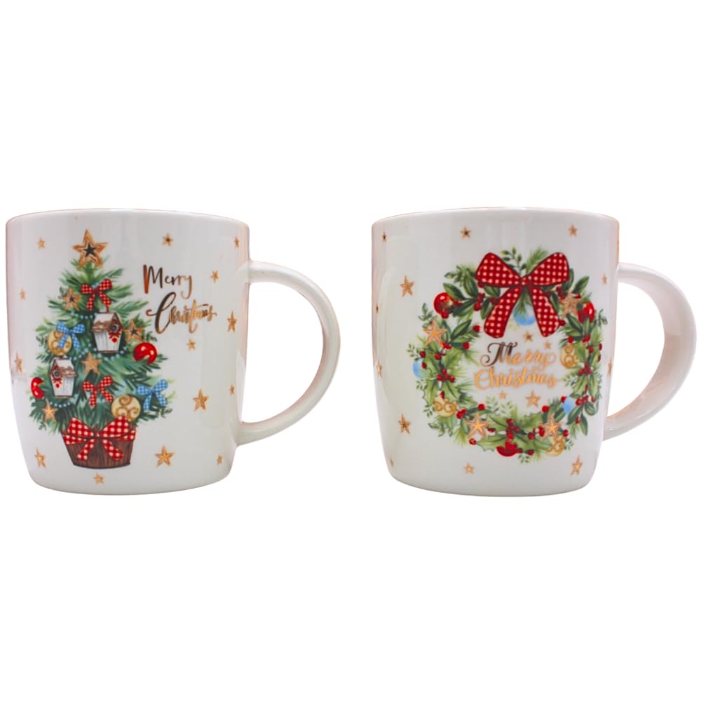 Dekohelden24 Set of 2 Porcelain Coffee Mugs, Mulled Wine Cups, Drinking Cups with Advent Wreath and Christmas Tree, Size: L/W/H Approx. 14 x 8 x 10 cm, Capacity 360 ml per Cup