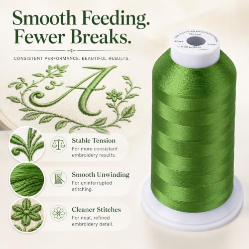 Image of Simthread 5500Yds /5000M 40WT Polyester Embroidery Thread Ivy Green S03 | High-yardage 5000M spool offers smooth feeding and stable 40WT polyester thread for home and commercial embroidery machines.