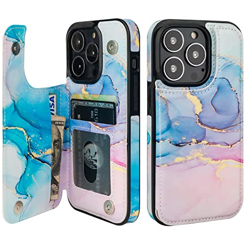 HAOPINSH for iPhone 13 Pro Case Wallet with Card Holder, Pink Blue Marble Pattern Back Flip Folio PU Leather Kickstand Card Slots Case for Women Girls, Double Magnetic Clasp Shockproof Cover 6.1"