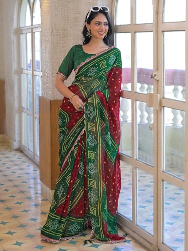 Image of SIRIL Women's Bandhani Printed Embroidery Georgette Saree with Unstitched Blouse Piece