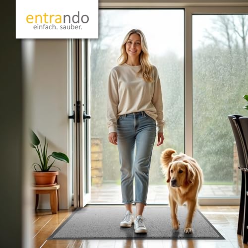 Entrando Fußmatte 90x150 cm robust & pflegeleicht – Schmutzfangmatte für Innenbereich & Außentür – farbecht, flach, maschinenwaschbar, perfekt für Hausflur, Vorraum, Büroeingang (Grau)