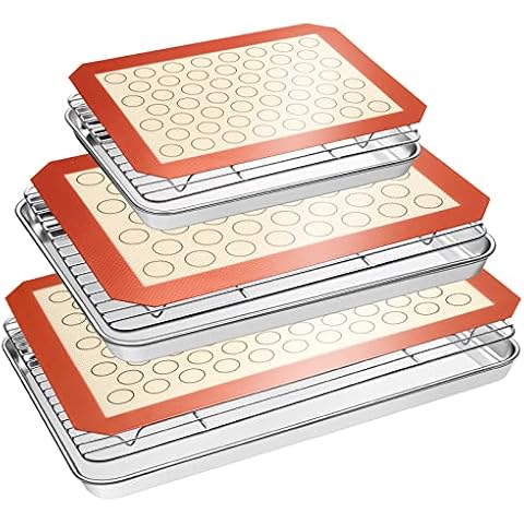 Baking Sheet Tray Cooling Rack with Silicone Mat Set, Stainless Steel Cookie Pan For Oven, Set of 9 (3 Sheets + 3 Racks Mats), Warp Resistant & Heavy Duty Easy Clean Cover