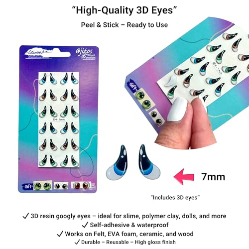 Image of 3D Resin Doll Eyes - 7mm Self-Adhesive Craft Eyes (24 pcs / 12 Pairs) - Realistic Cabochon Eyes for Amigurumi, Dolls, Polymer Clay, Cold Porcelain, Felt & DIY Crafts (Green, Blue and Brown)