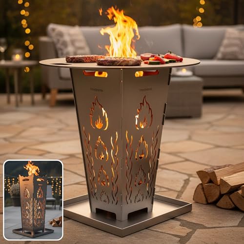 FireDesire Grill Pro Feuerkorb 80cm + Grillplatte + Ascheschale Feuertonne Feuerschale Grilltonne Ofen Terassenofen Grill Stahlkorb Plancha Gartenfeuer