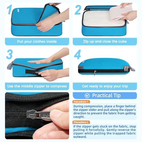 BAGAIL 4 Set/6 Set/8 Set Compression Packing Cubes Travel Accessories Expandable Packing Organizers (Cloth Pattern, 4-Blue)