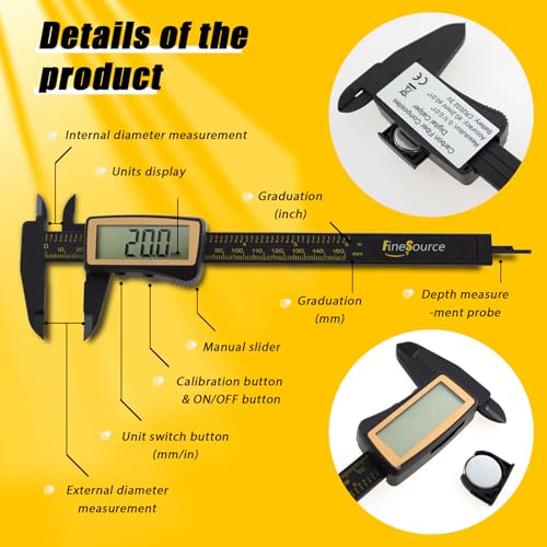 Digital Caliper, Caliper Measuring Tool with Large Screen, Electronic Vernier Caliper Inch/Metric Conversion, 0-6 Inch/150mm, Carbon Fiber, Auto-Off, Precision Measuring Tool