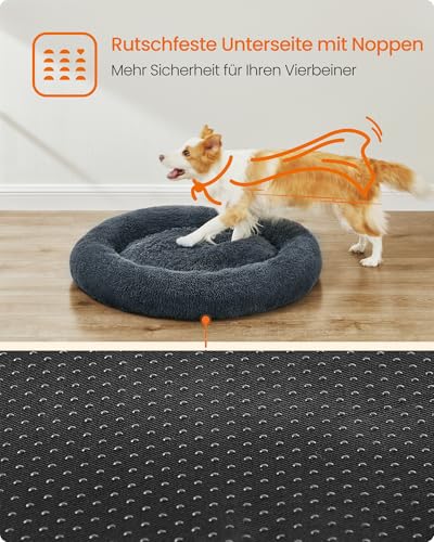 Feandrea Hundebett flauschig, Katzenbett, Donut Kissen, waschbar, Polsterung in der Mitte herausnehmbar, Langer Plüsch, 90 cm Durchmesser, dunkelgrau PGW041G02