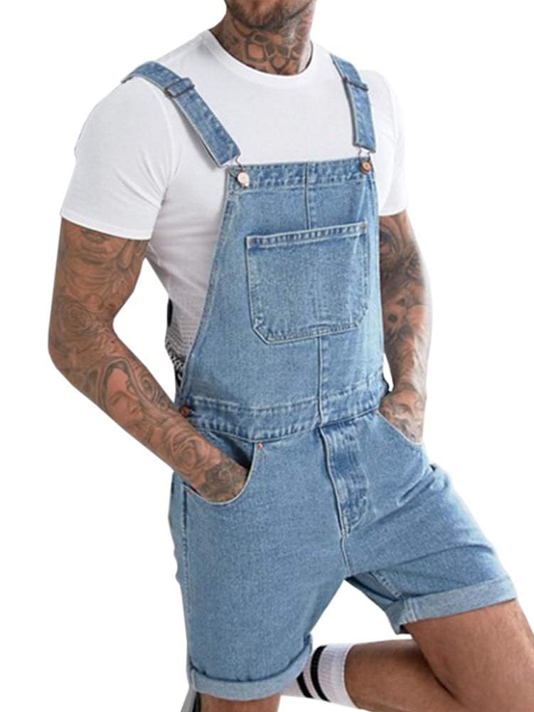Runcati Peto de algodón para hombre, pantalones vaqueros cortos, pantalones de trabajo, corte holgado, mono vaquero con bolsillos